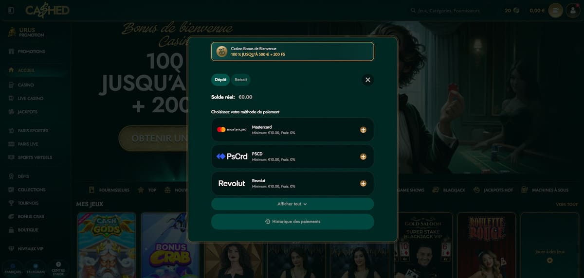 Page de dépôt de Cashed Casino avec les méthodes de paiement cartes et cryptomonnaies