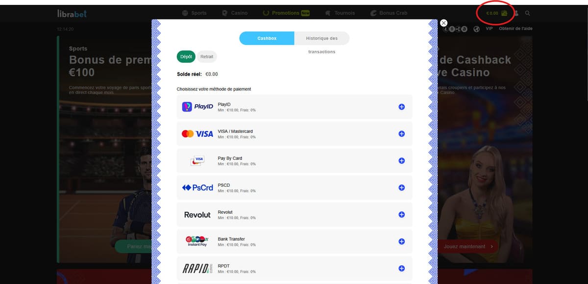 Formulaire de depot de LibraBet avec les methodes de paiement dont les cryptomonnaies