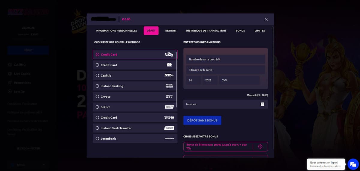 Page de dépôt de Rizz casino listant cartes bancaires, wallets et cryptomonnaies acceptées