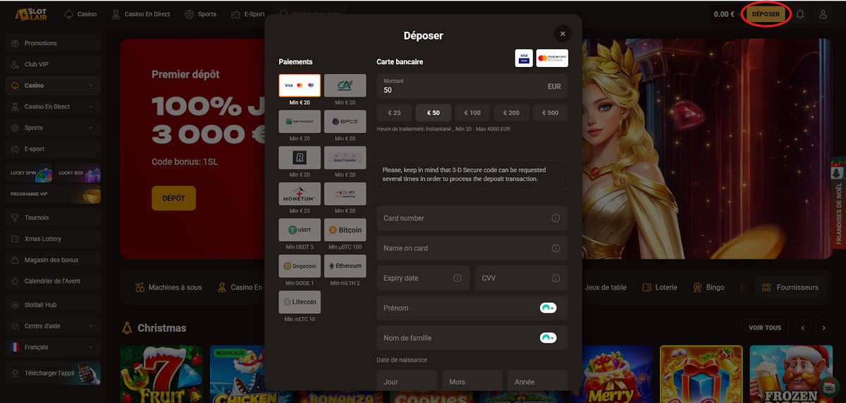Page des méthodes de dépôt de SlotLair Casino avec carte bancaire, virement et cryptomonnaies