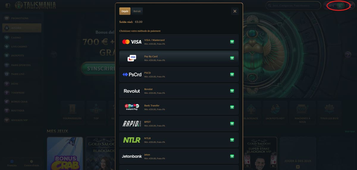 Page des méthodes de dépôt de Talismania avec options carte bancaire, cryptomonnaies et wallets électroniques