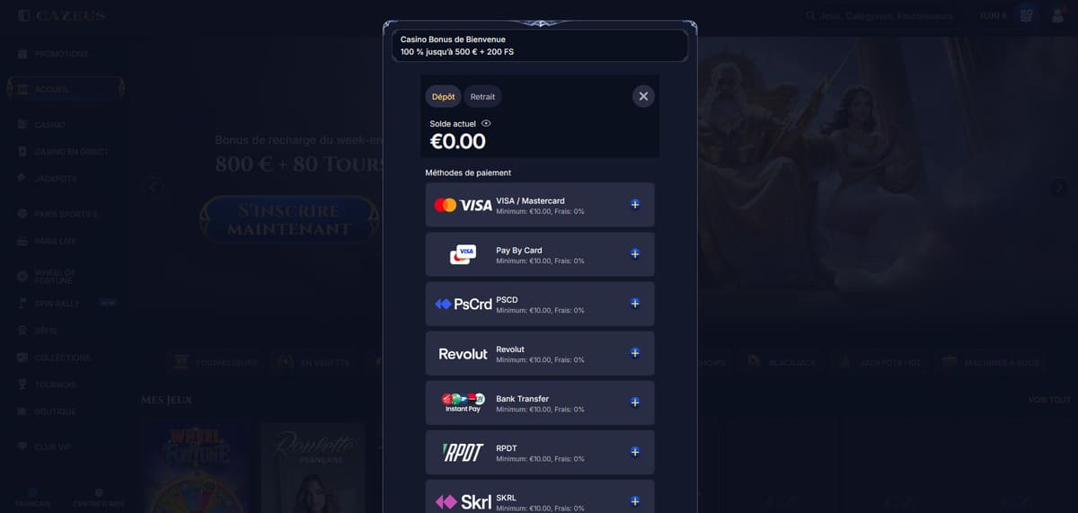 Page des méthodes de dépôt sur Cazeus casino avec les options de paiement disponibles