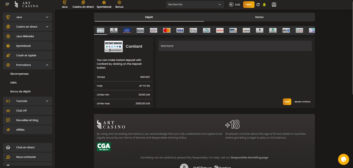 Page des méthodes de dépôt d'Art Casino avec les options carte bancaire, crypto et virement