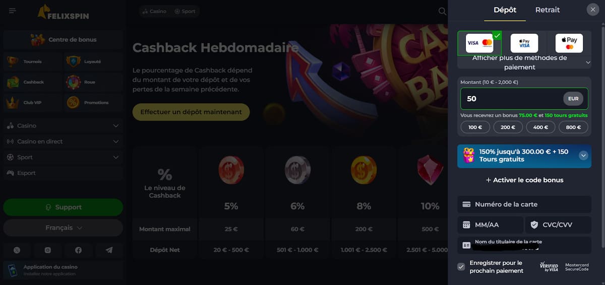 Page de dépôt de Felix Spin avec les méthodes de paiement carte bancaire et crypto