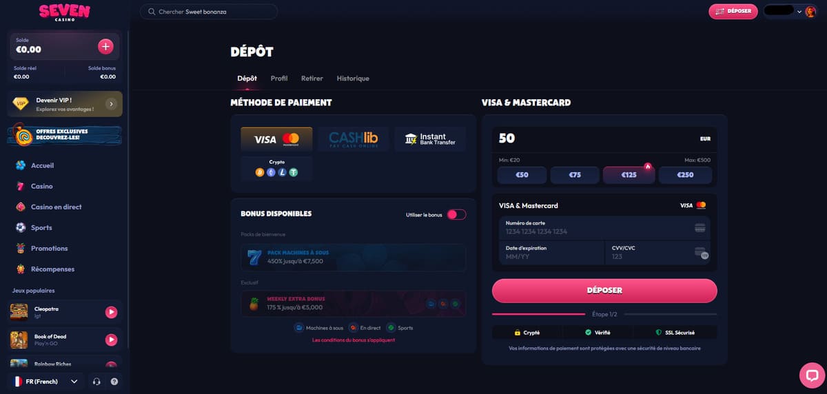 Interface de dépôt de Seven Casino avec les méthodes de paiement disponibles