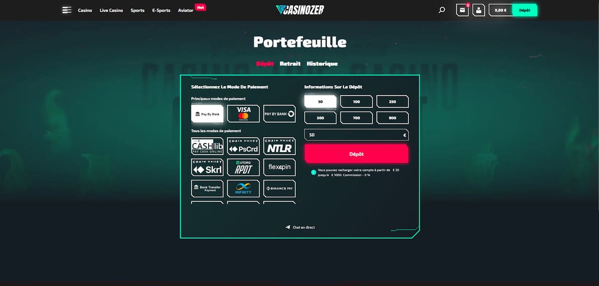 Page de dépôt de Casinozer avec les méthodes de paiement disponibles