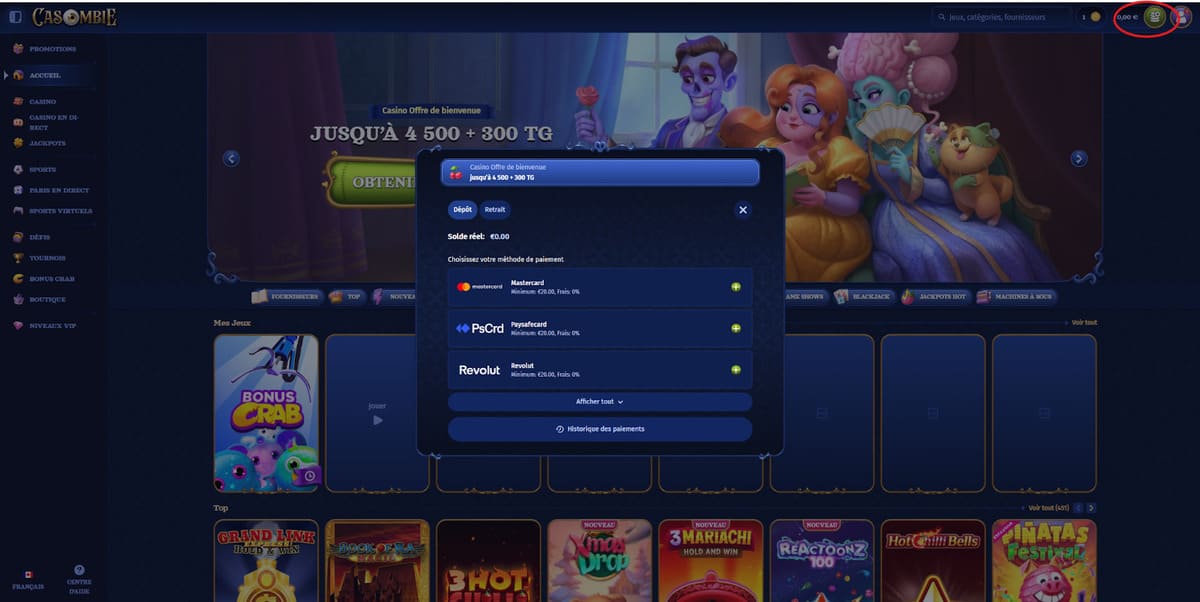 Page des méthodes de dépôt disponibles sur Casombie pour alimenter son compte joueur