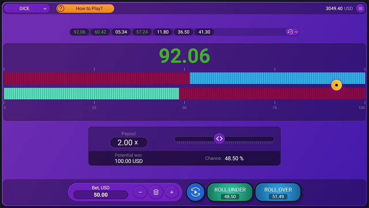 Écran de jeu de Dice Spribe montrant le curseur de chance à 48,50 % et le multiplicateur 2,00x