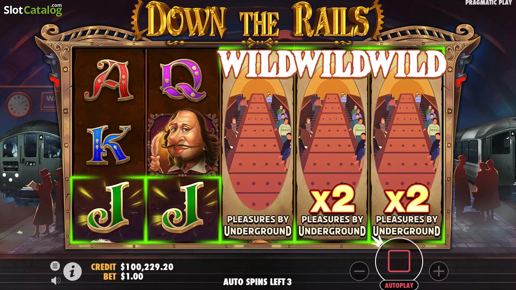 Grille de Down the Rails avec un Wild étendu et multiplicateur x3 sur les rouleaux centraux