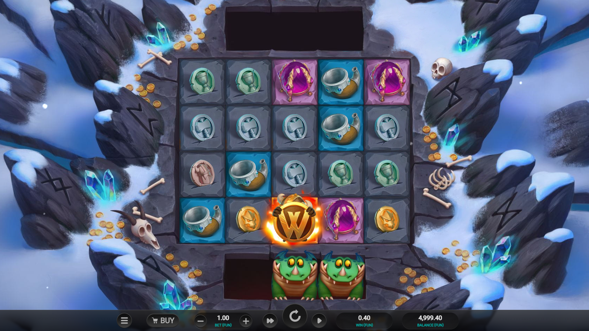 Grille 5x4 de Fang's Inferno Dream Drop avec un Wild enflammé venant de tomber sur les rouleaux