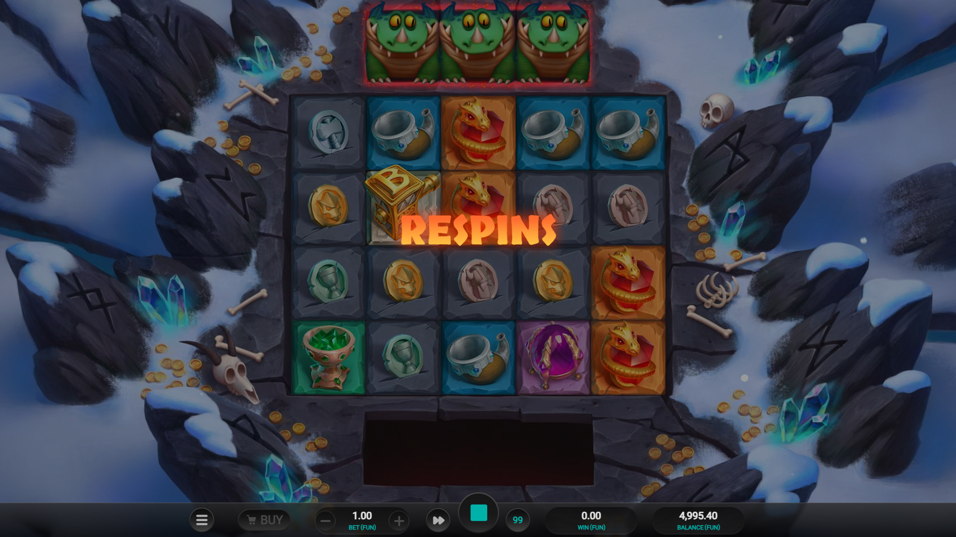 Déclenchement du Flamin' Respin sur Fang's Inferno Dream Drop avec la rangée de dragons alignée