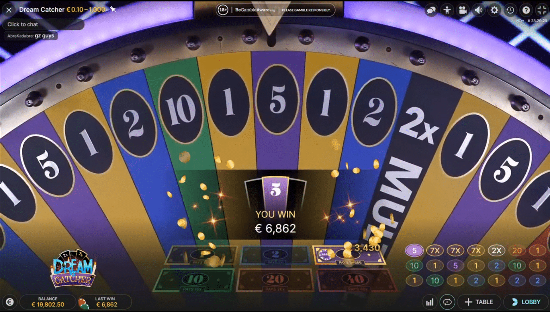 Gros gain sur Dream Catcher avec enchaînement de multiplicateurs 2x, 7x et 7x affiché à l'écran