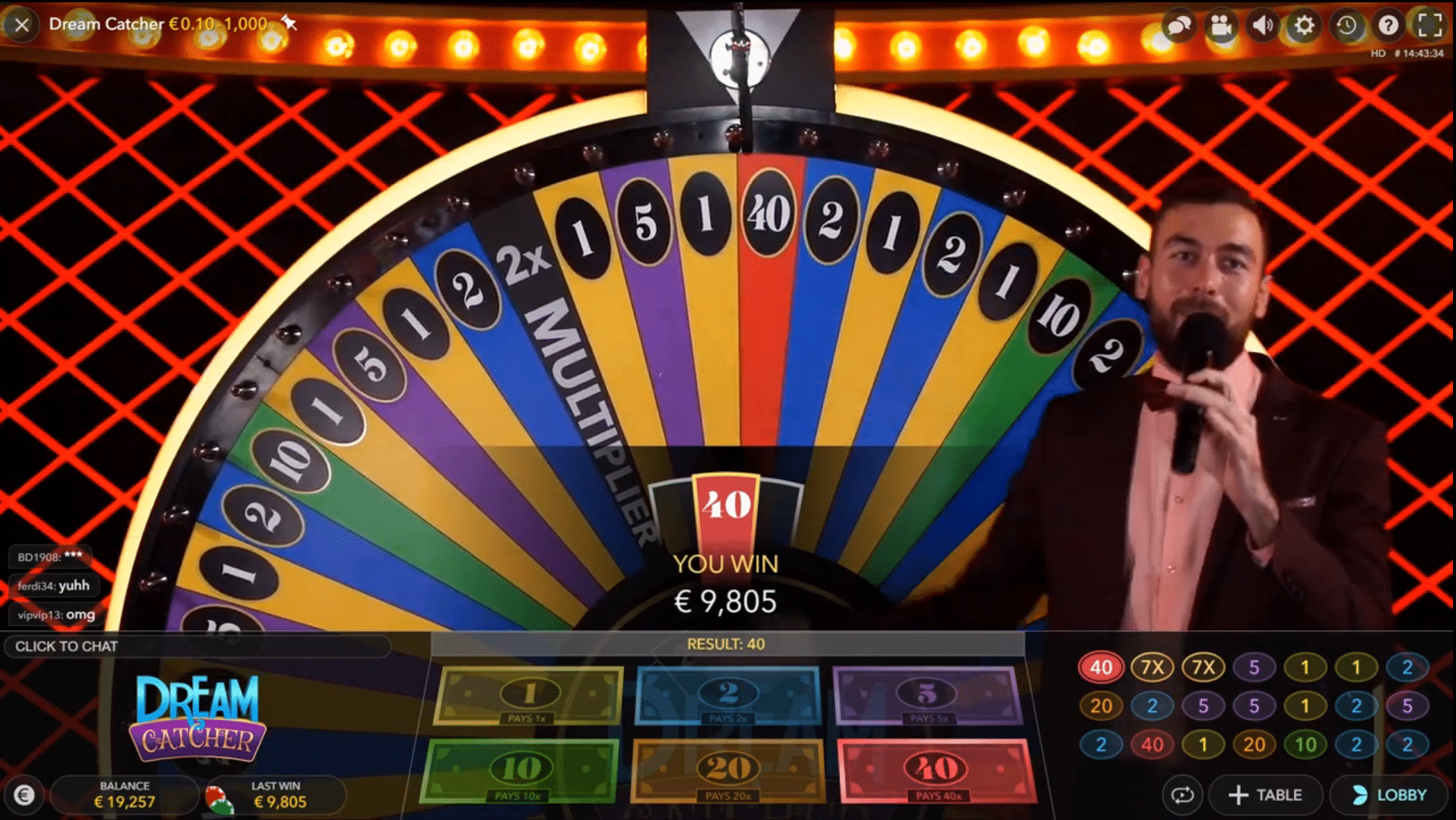 Roue de Dream Catcher arrêtée sur le segment doré 7x pendant un tour de multiplicateur