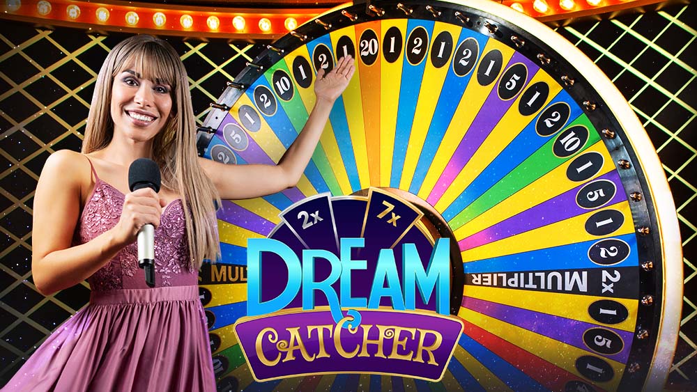 Roue de Dream Catcher d'Evolution Gaming avec ses 54 segments numérotés et présentateur en studio