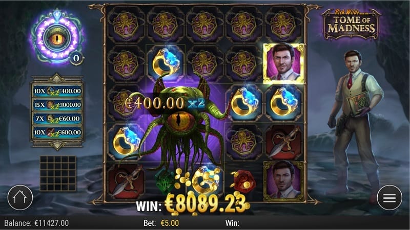 Écran de gros gain sur Tome of Madness pendant les Other World Free Round avec multiplicateur actif