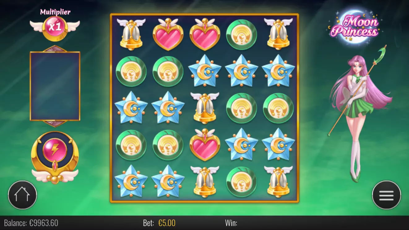Écran de jeu de Moon Princess avec la princesse Storm et sa grille aux tons verts émeraude