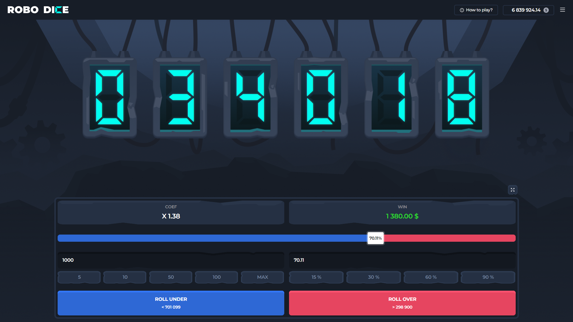 Interface de jeu de Robo Dice avec une chance de gain élevée et un multiplicateur affiché à x1,38