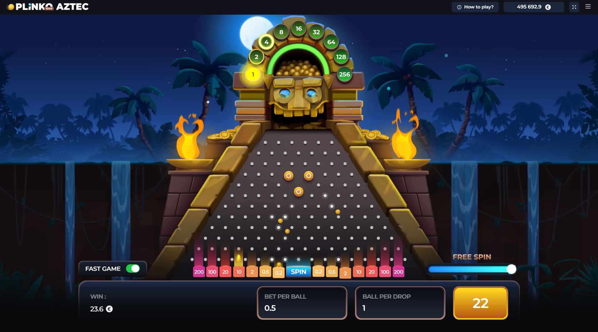 Mode Free Bonus de Plinko Aztec avec anneau de multiplicateurs affichant jusqu'à 256x autour de la tête aztèque