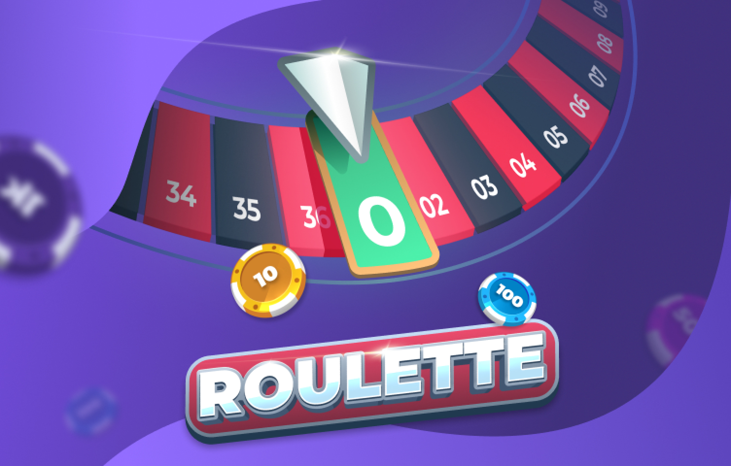 Rendu de la roue européenne à zéro unique de Roulette InOut avec jetons empilés autour de la case 0