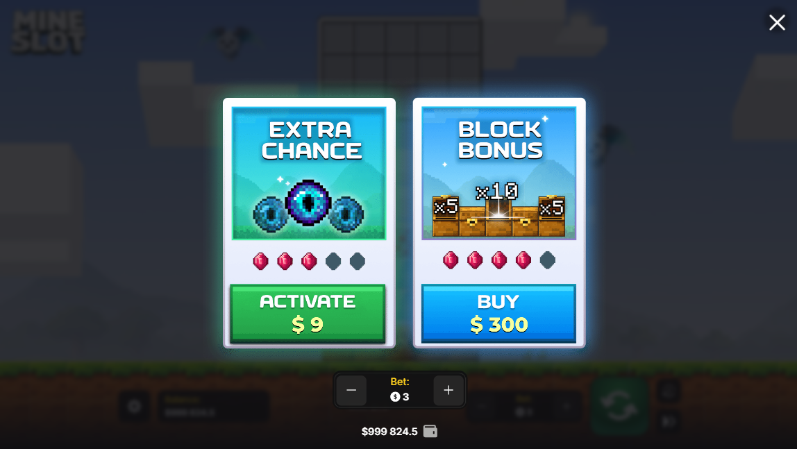 Écran d'achat de bonus de Mine Slot proposant les options Extra Chance et Block Bonus