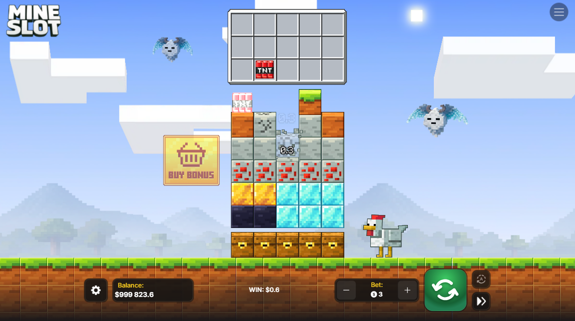 Grille de blocs 5x7 de Mine Slot avec pioches actives et bouton d'achat de bonus visible