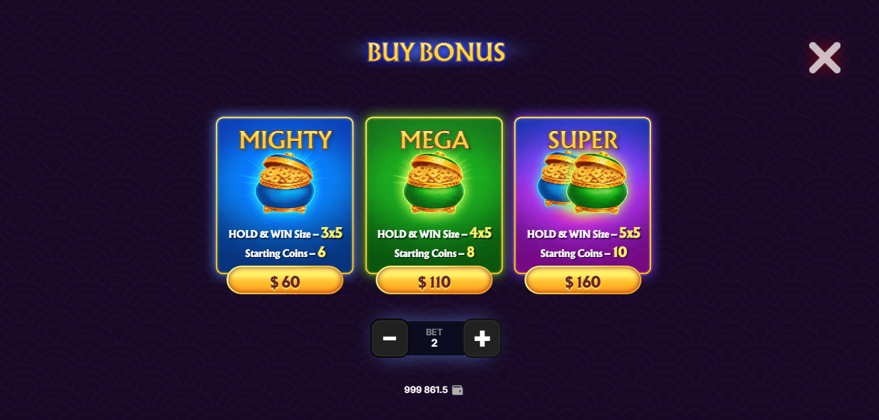 Menu Buy Bonus de Dragon Pots avec les trois paliers Mighty, Mega et Super et leurs grilles Hold and Win
