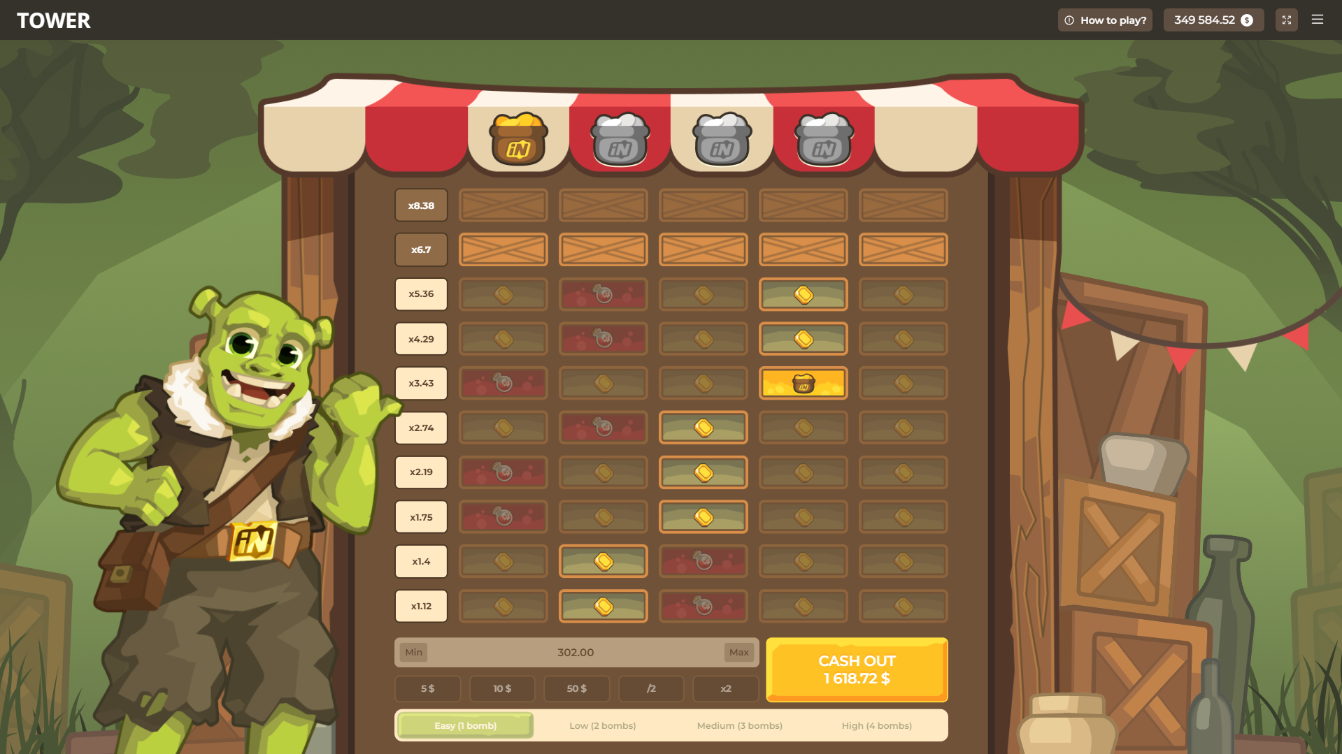 Grille de Goblin Tower avec quatre niveaux de difficulté et bouton Cash Out affichant 1108,72 dollars