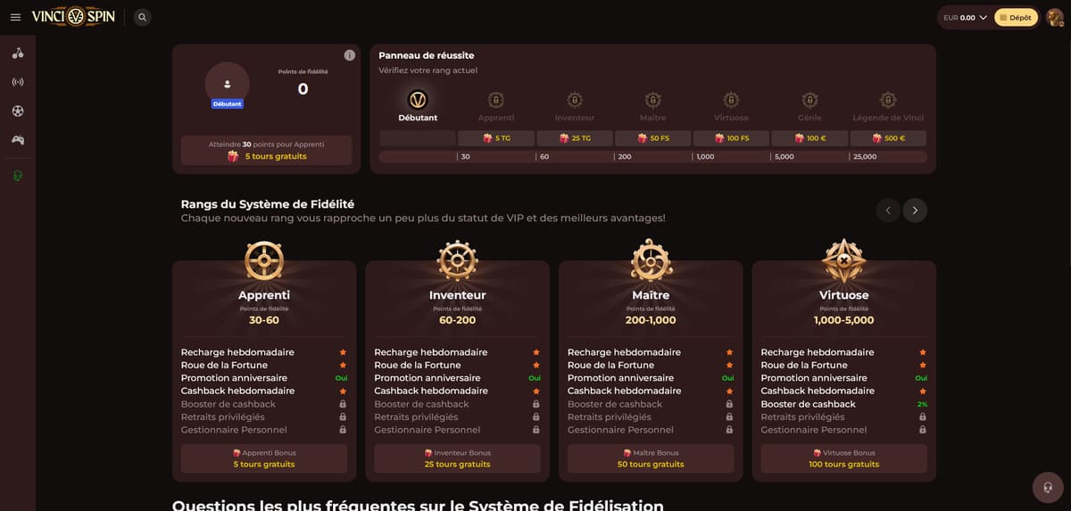 Page du programme VIP de Vincispin présentant les paliers de fidélité et leurs avantages