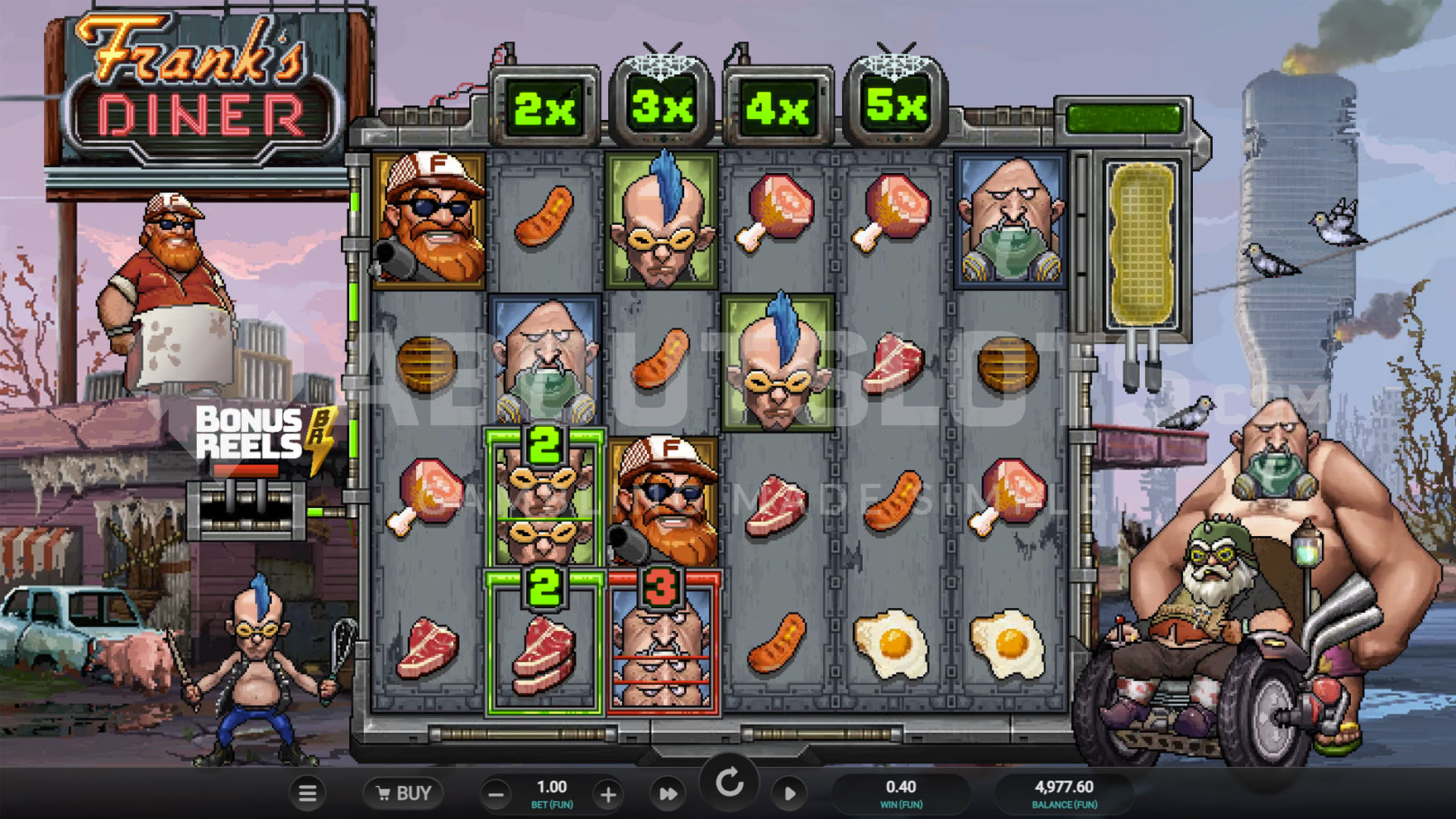 Grille 6x4 de Frank's Diner dans un décor postapocalyptique en pixel art avec plusieurs personnages