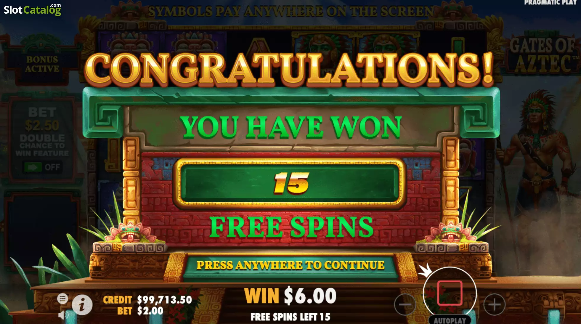 Écran de Free Spins sur Gates of Aztec avec compteur de tours et multiplicateur cumulé