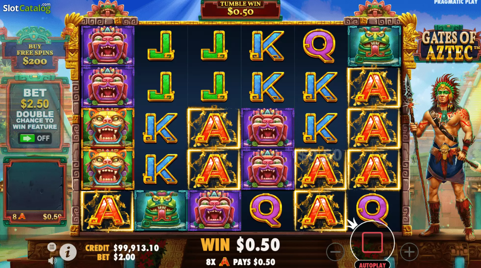 Gain cumulé sur Gates of Aztec après une dégringolade avec multiplicateur appliqué au tumble