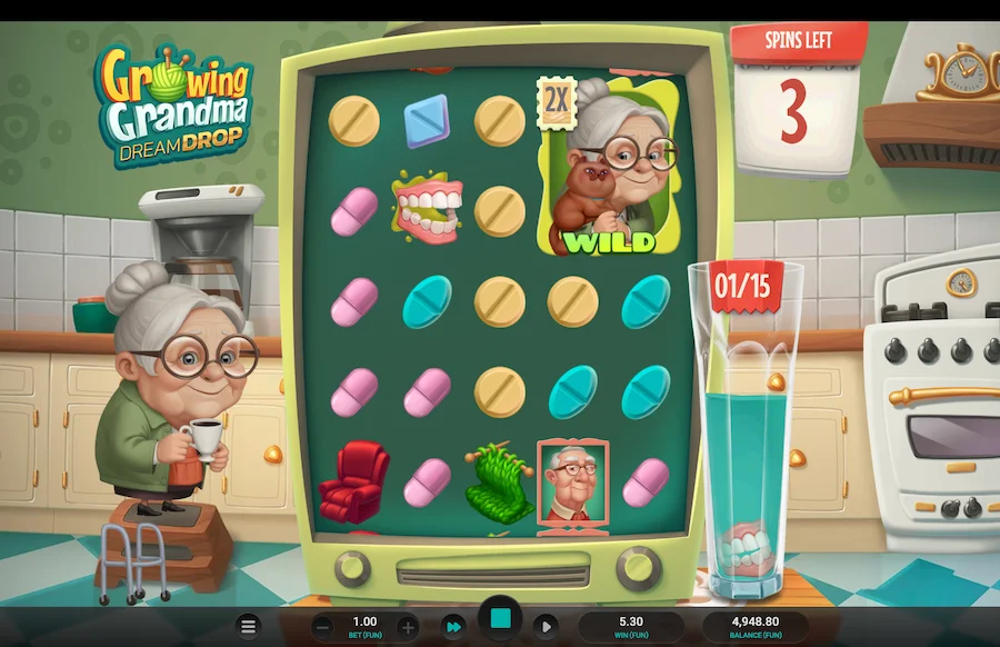Écran de free spins de Growing Grandma Dream Drop avec Wild Grandma agrandi et multiplicateur 2x actif