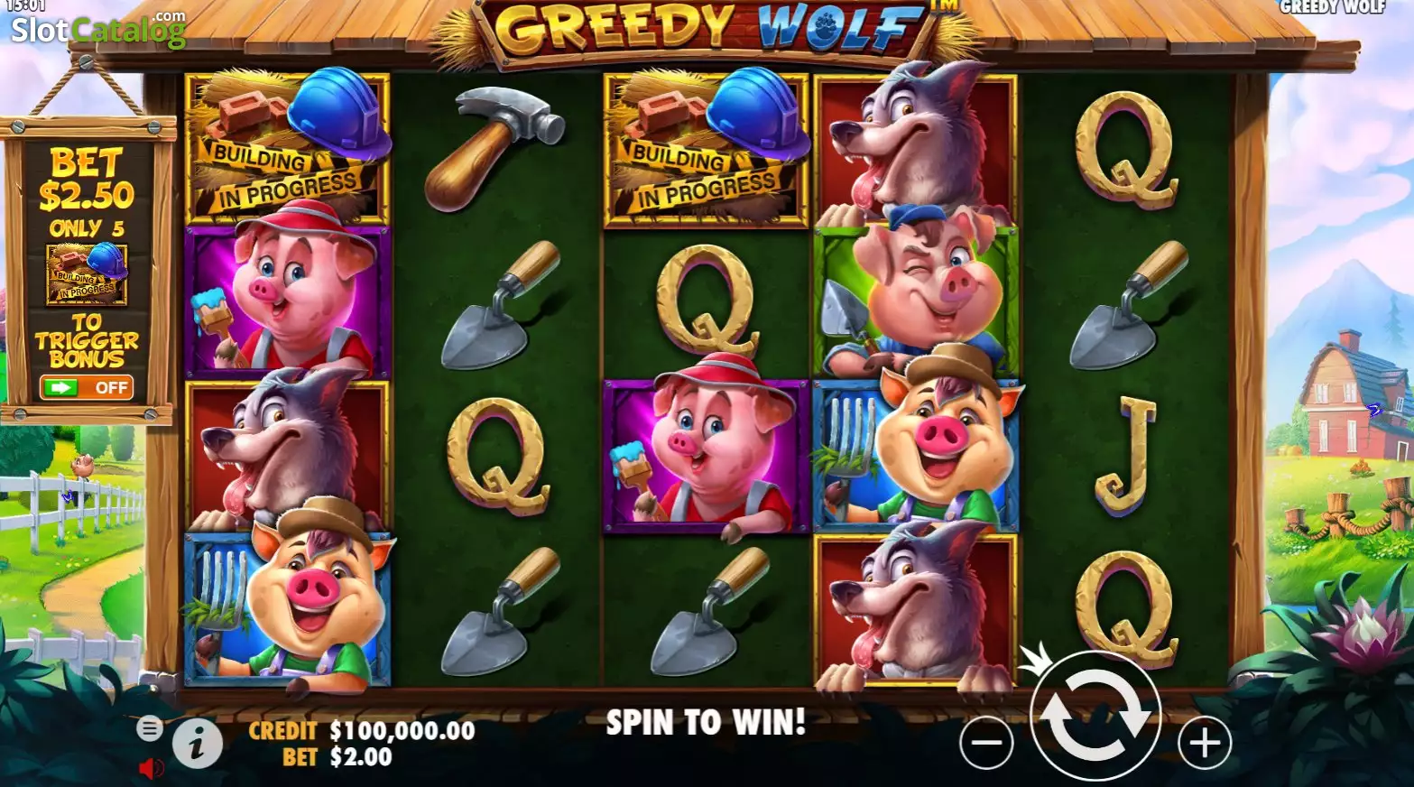 Grille 5x4 de Greedy Wolf en jeu de base avec les symboles cochons et loup sur les rouleaux
