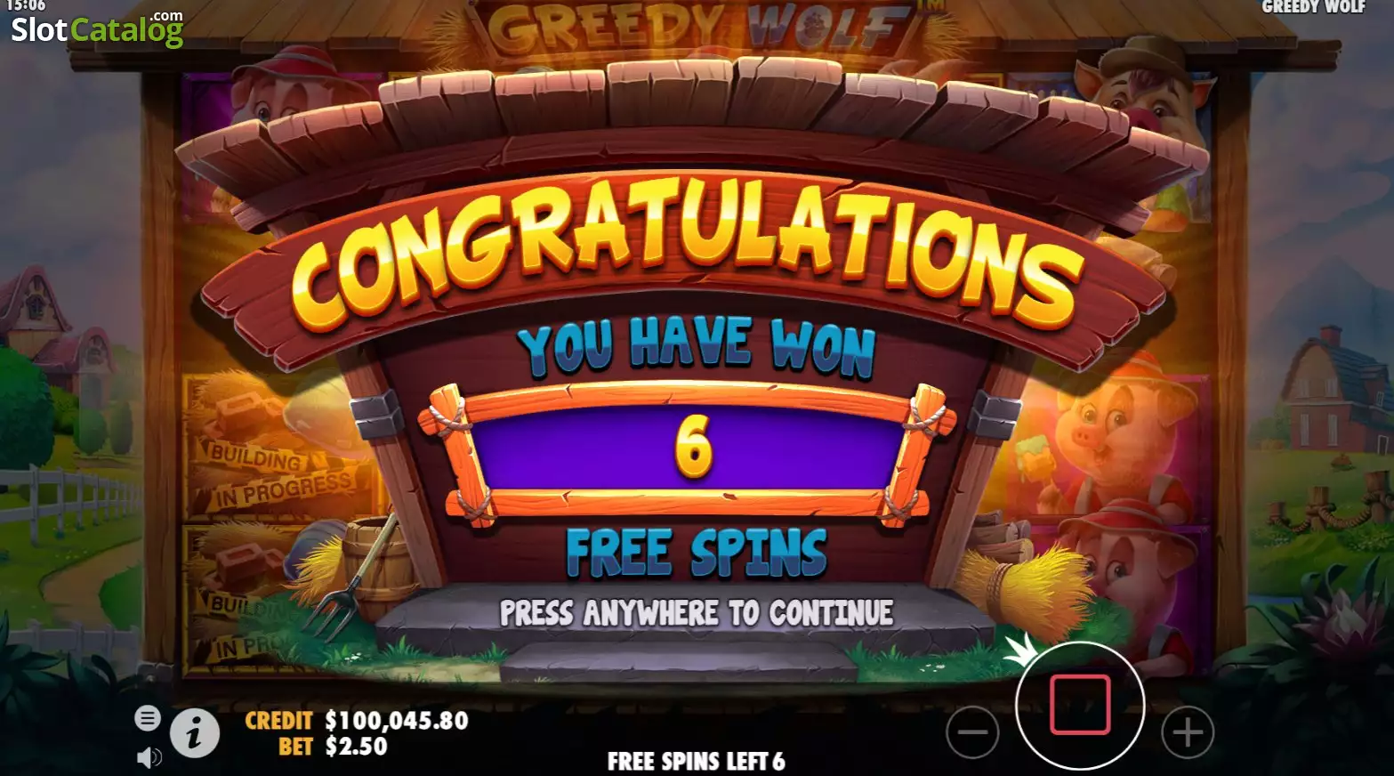 Écran de free spins de Greedy Wolf avec la maison en briques et le compteur de tours