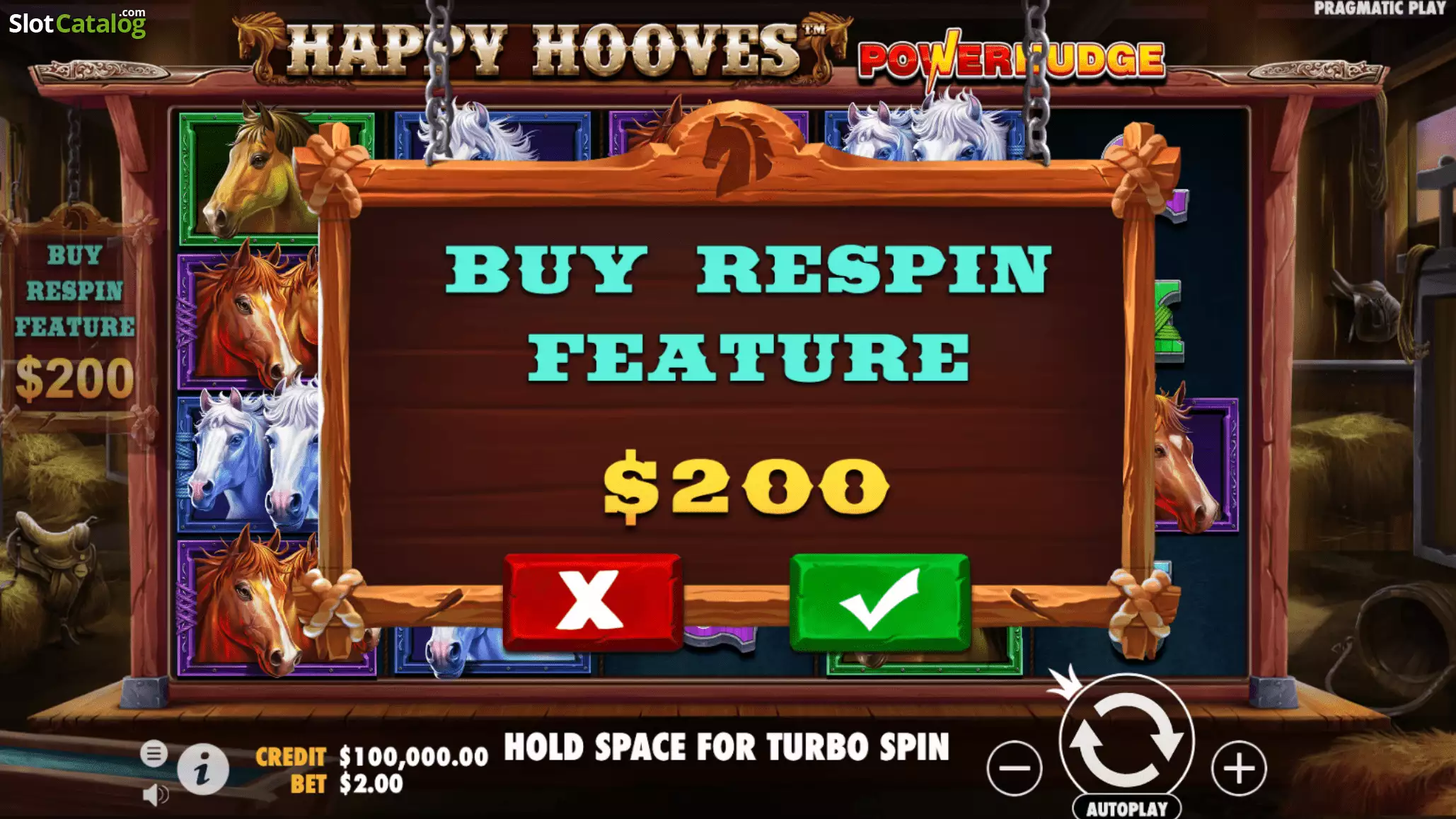 Fenêtre Buy Respin Feature de Happy Hooves proposant l'achat du bonus PowerNudge pour 200 dollars