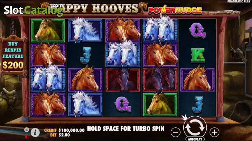 Grille 5x4 de Happy Hooves avec wilds colorés verts, bleus et violets alignés sur les rouleaux