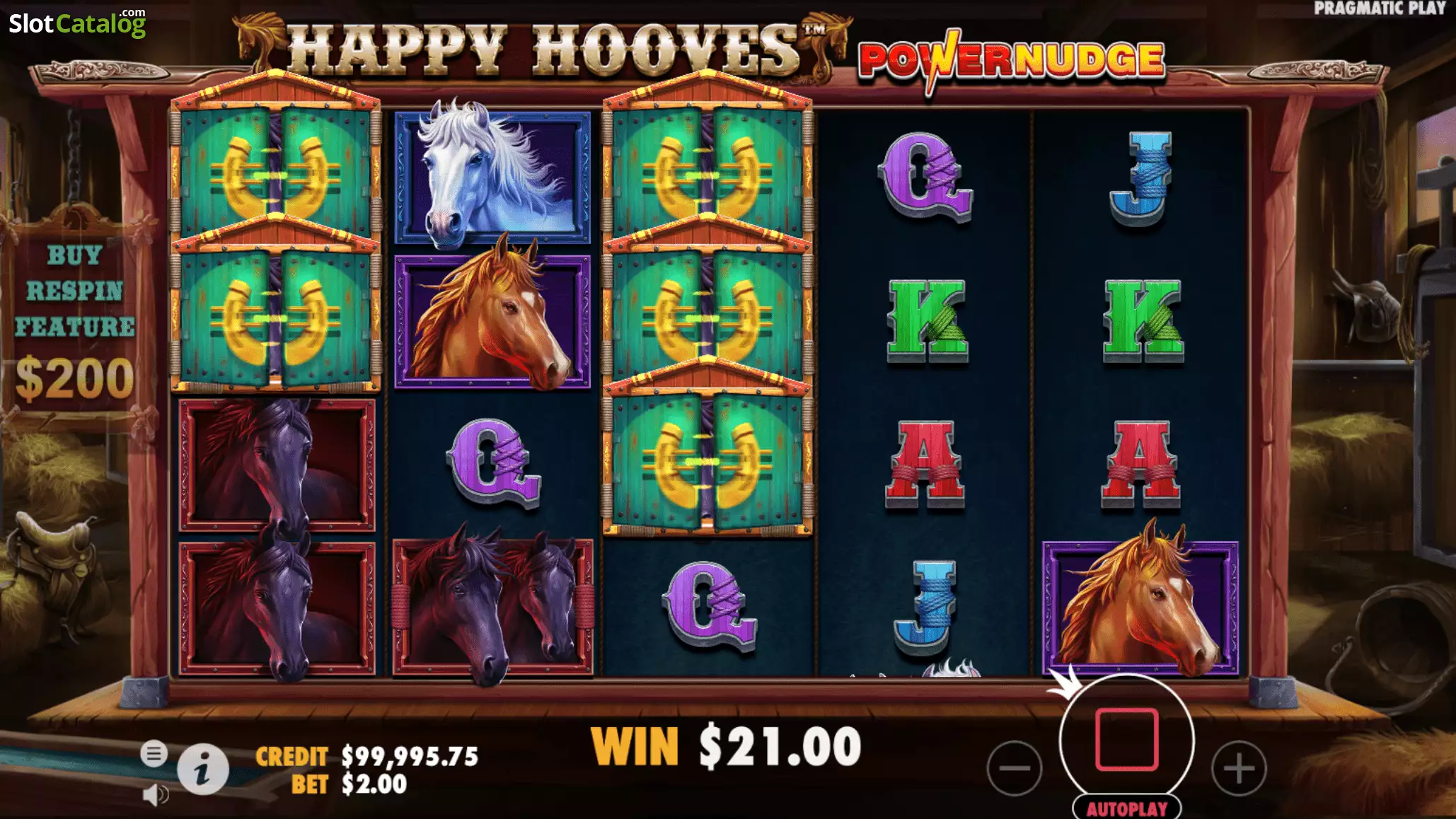 Écran de gain sur Happy Hooves avec symboles fer à cheval doré et victoire de 21 dollars affichée