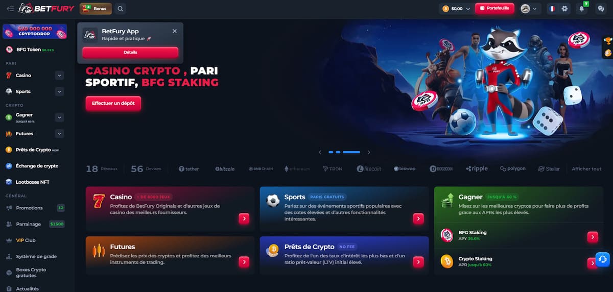 Interface du lobby de Betfury casino avec sa ludothèque de plus de 8 000 jeux
