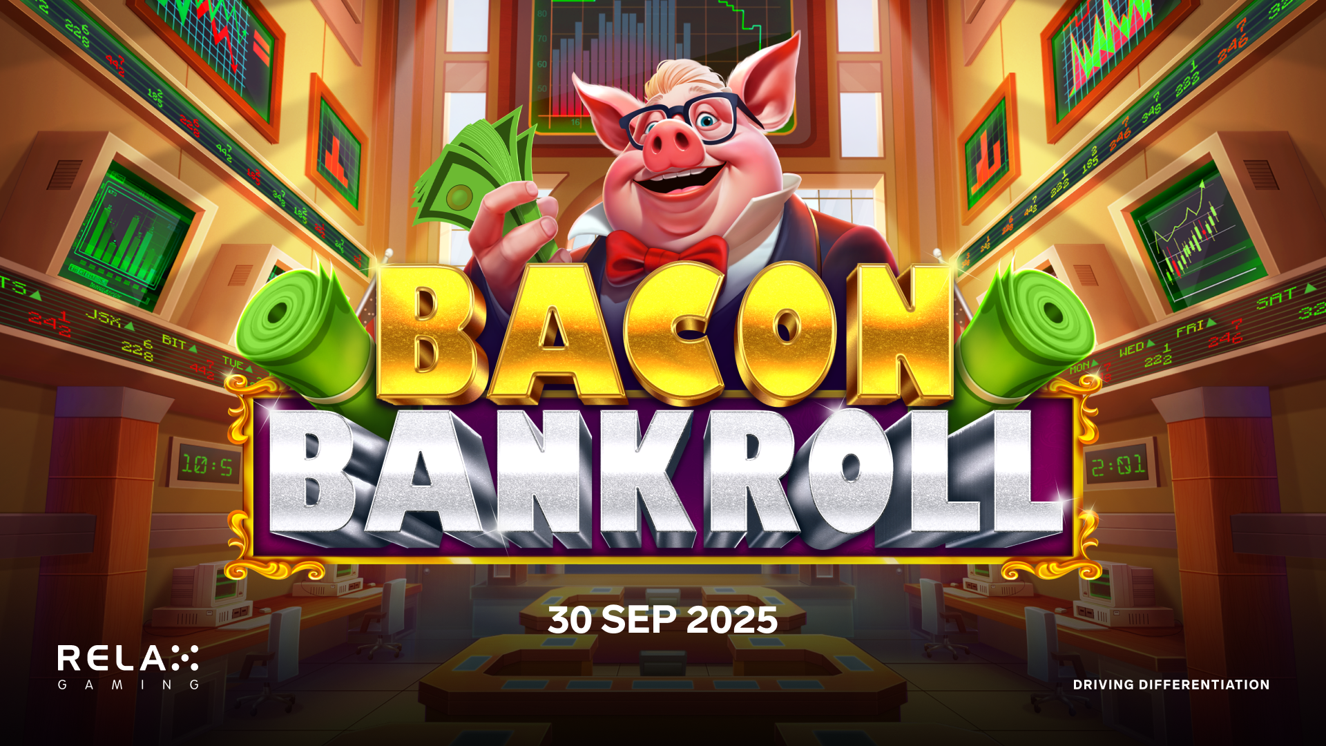 Bannière officielle de Bacon Bankroll avec le cochon banquier et la date de sortie 30 septembre 2025