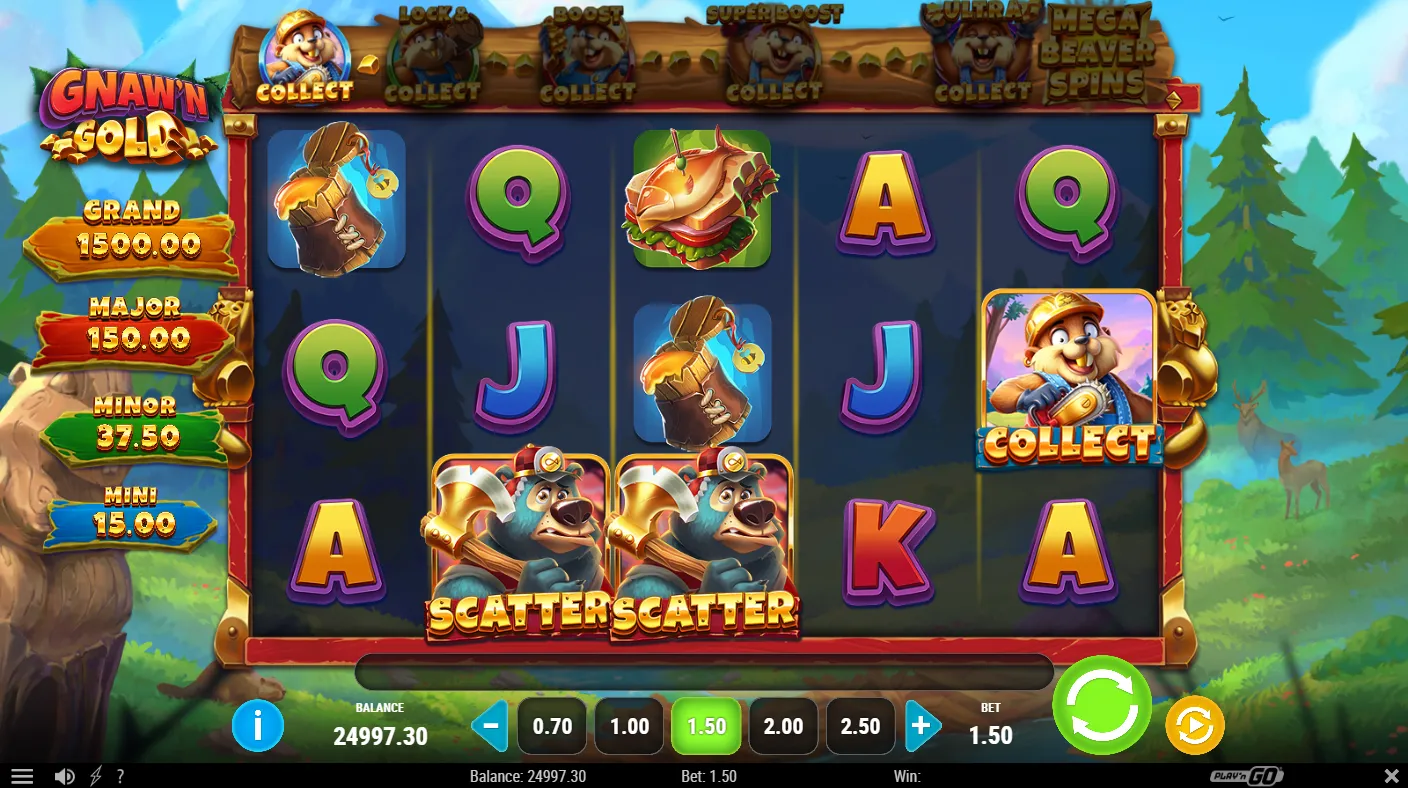 Grille de jeu de Gnaw'n Gold avec symboles Scatter et Collect et échelle de jackpots visible