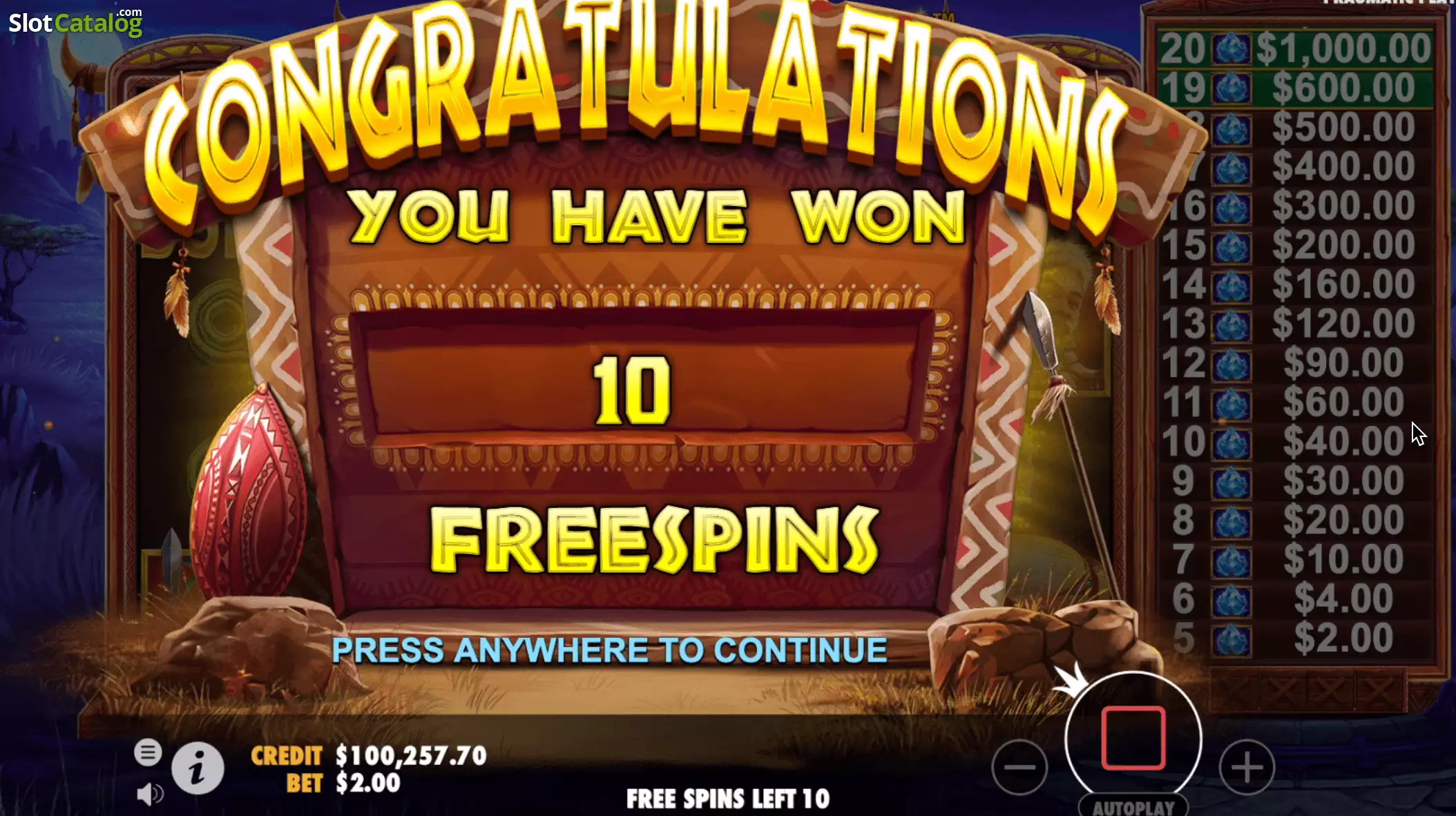 Écran de Free Spins sur Gems of Serengeti avec le compteur de gemmes collectées en cours de tour