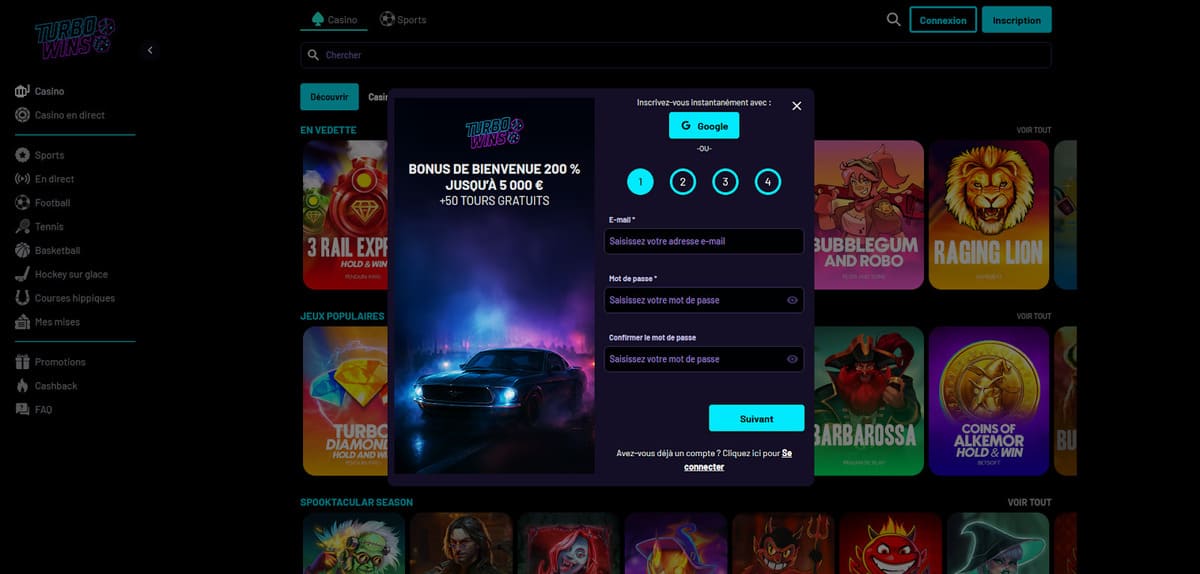 Formulaire d'inscription de Turbo Wins avec les champs identité et l'option de connexion Google