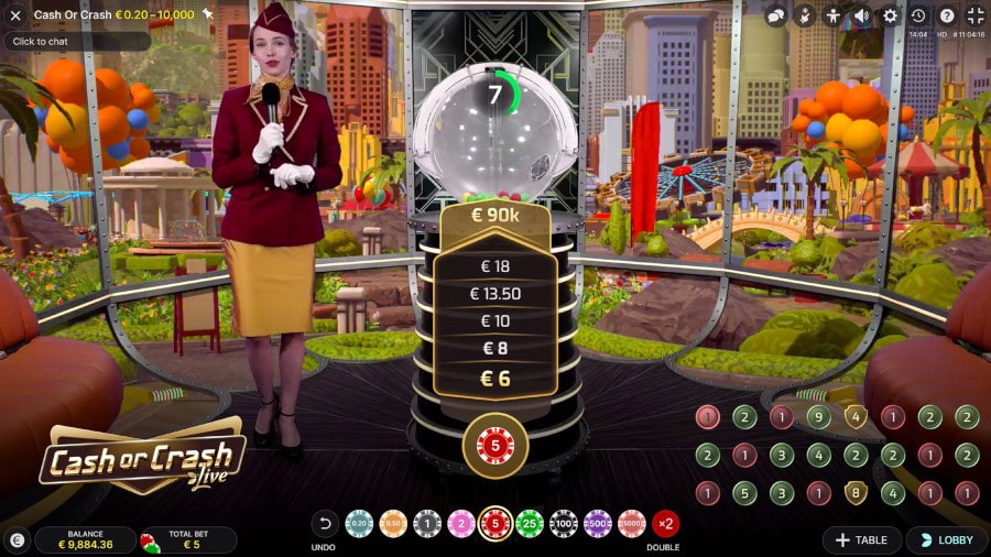 Interface de jeu de Cash or Crash avec mises de 0,20 € à 10 000 € et hôtesse en direct