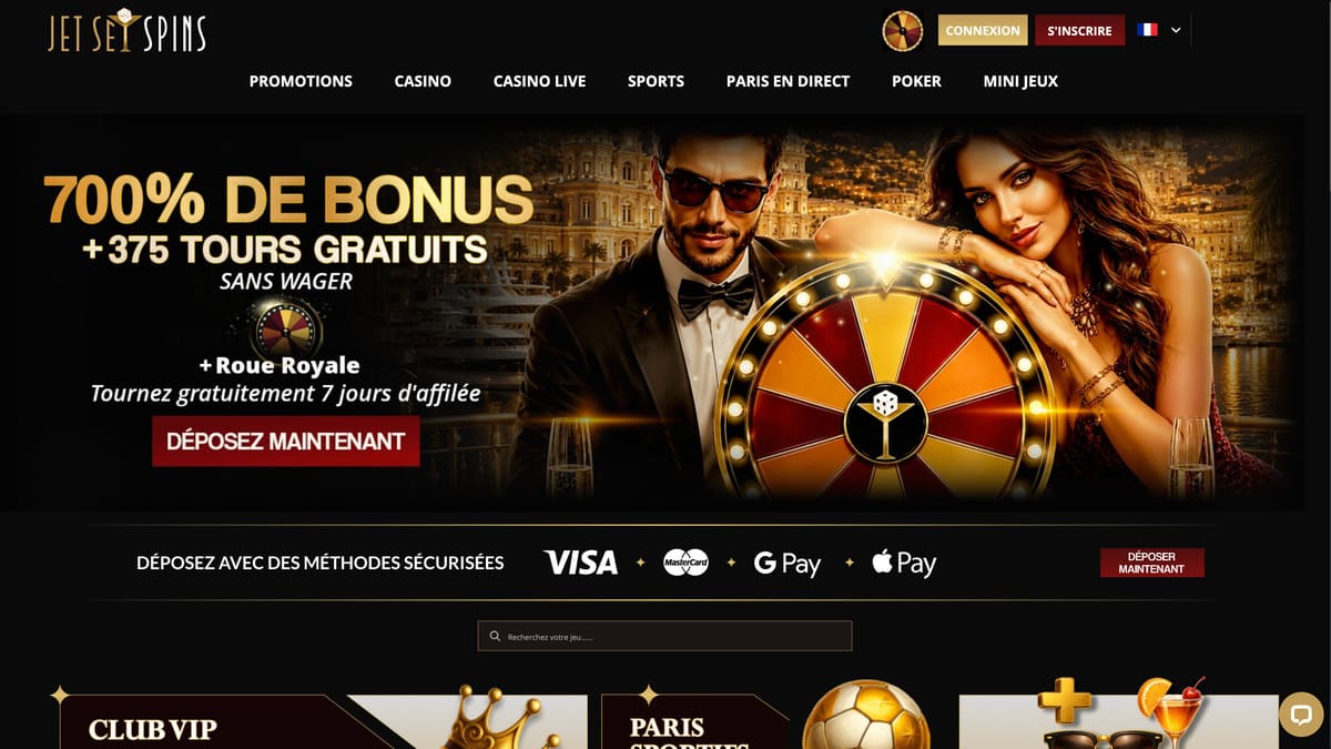 Interface du lobby JetSetSpins avec le bandeau bonus de bienvenue et le thème voyage jet privé