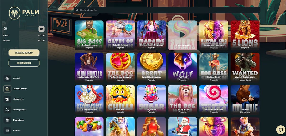 Lobby des jeux de casino de Palm Casino avec machines à sous et tables en direct