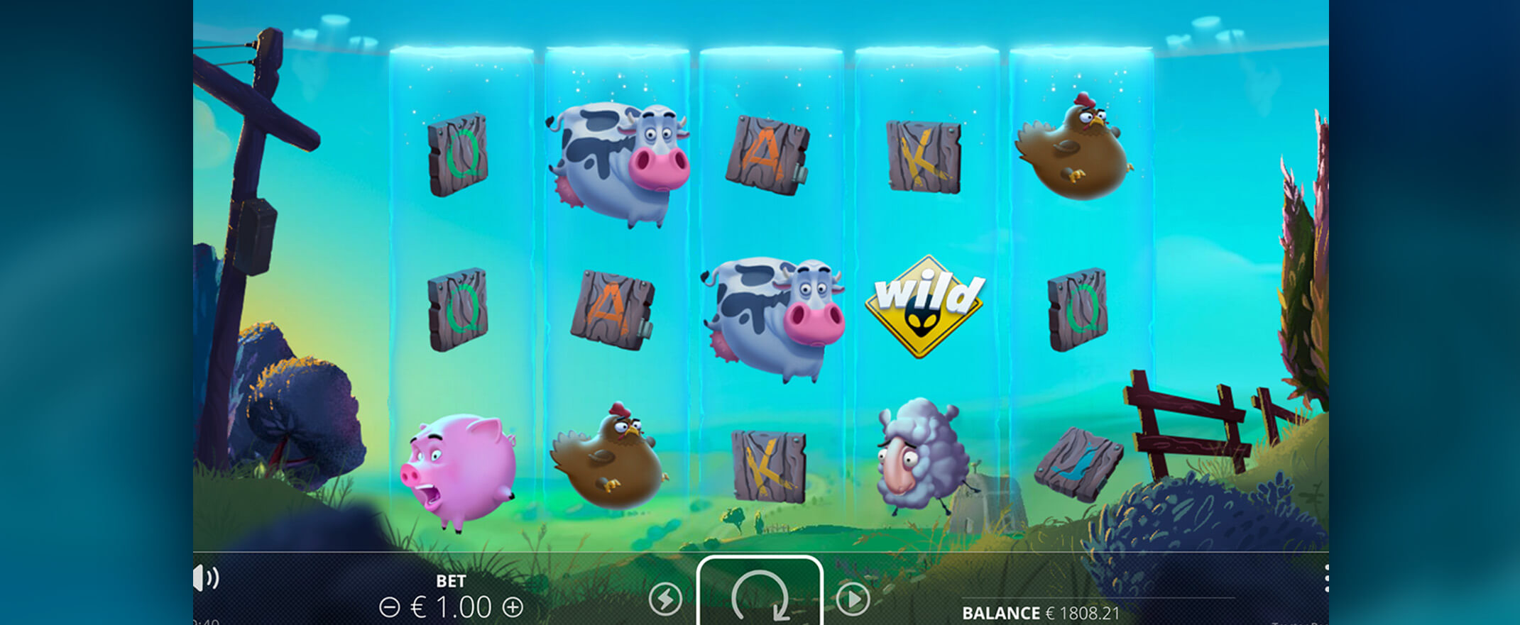Grille 5x3 de Tractor Beam avec le symbole Wild extraterrestre et une vache empilée sur les rouleaux