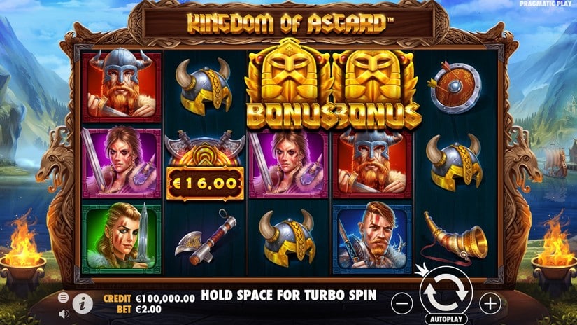 Grille de base de Kingdom of Asgard avec symboles Bonus et une valeur de collecte affichée à 16 euros