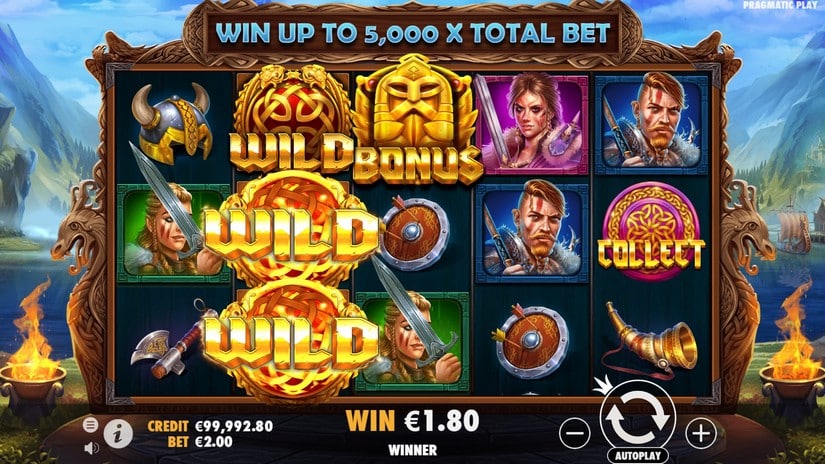 Symboles Wild et Bonus alignés sur Kingdom of Asgard annonçant un gain potentiel de 5000x la mise