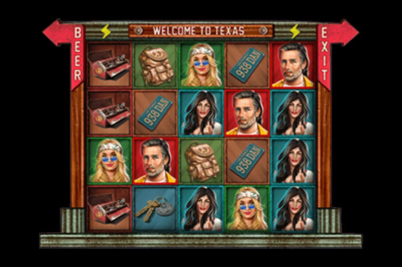 Grille 5x4 de Kiss My Chainsaw sur le thème Welcome to Texas avec les symboles autostoppeuses visibles