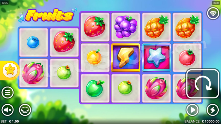 Grille de base de Fruits avec le symbole éclair et le wild étoile visibles sur les rouleaux